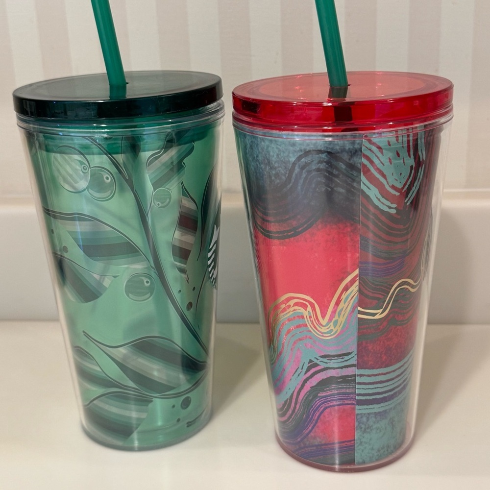 Two Starbucks 2021 16 Oz. Grande Cold Beverage Cups With Straws - Picture 4 of 15